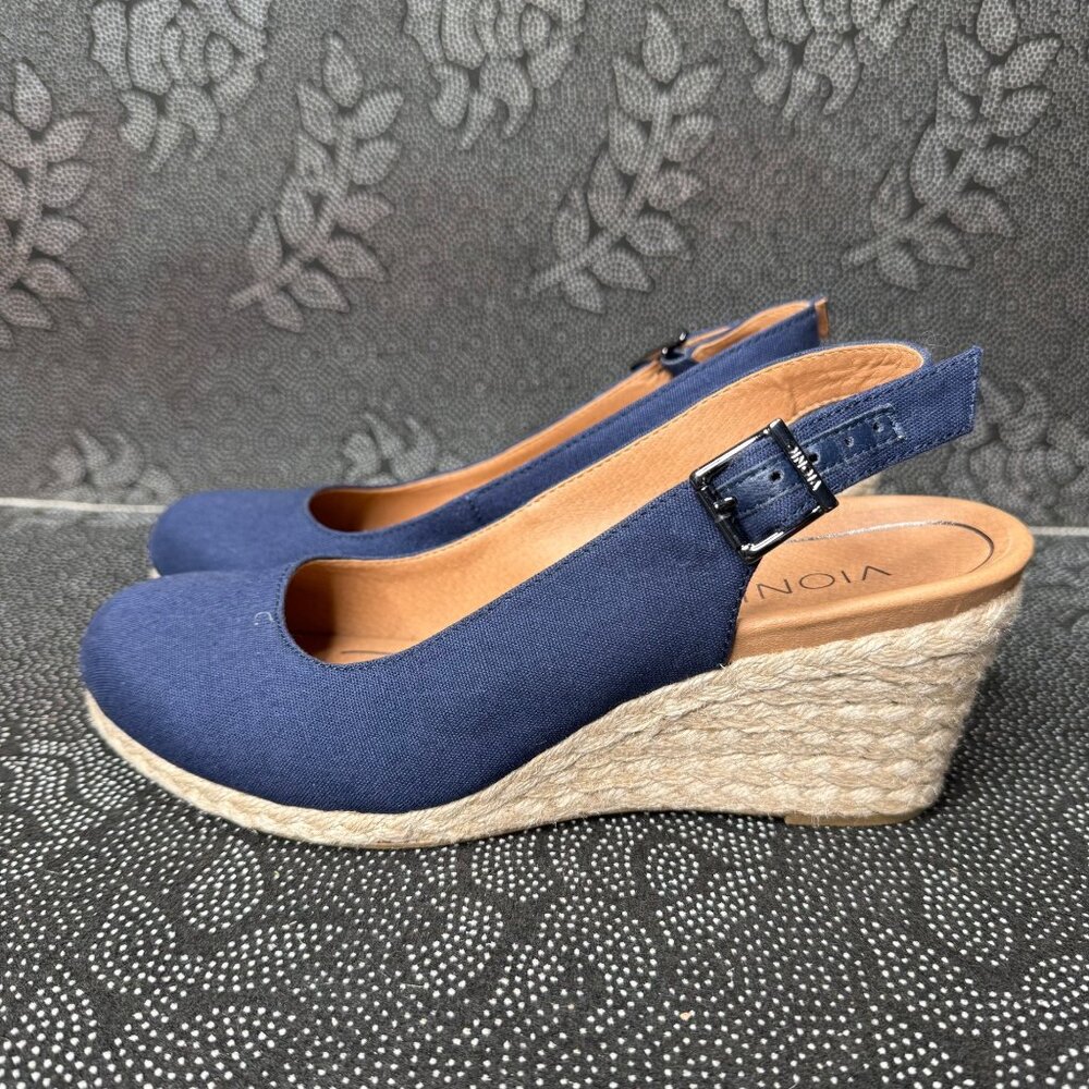 Vionic Navy Canvas Espadrille Wedge Slingback Mules